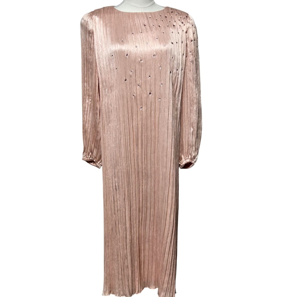 Vintage Morton Myles Dress Womens 6 Pink Pleated Satin Midi Shift Rhinestone 80s